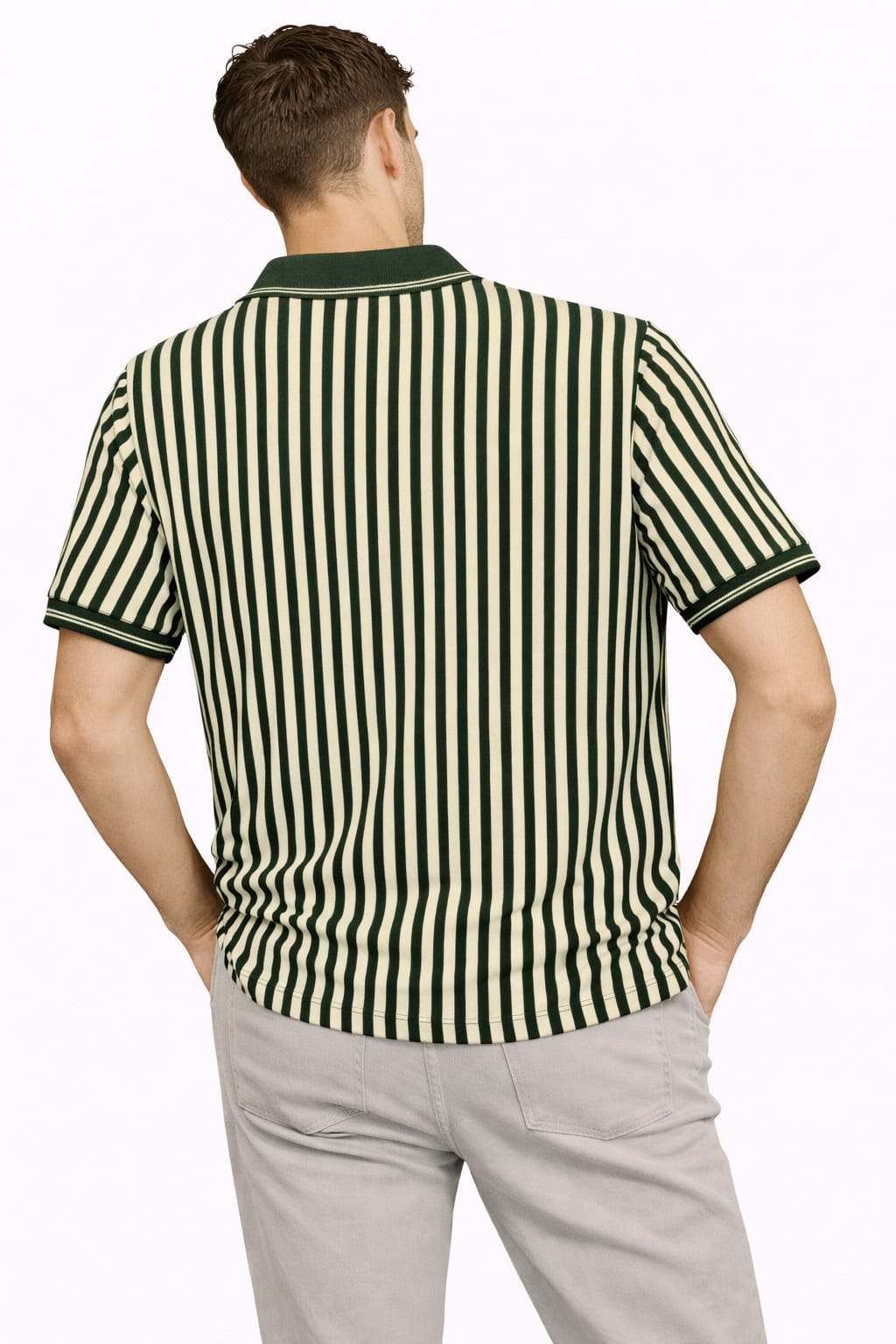 Classic Green & Cream Vertical Stripe Matty Polo - Image 2