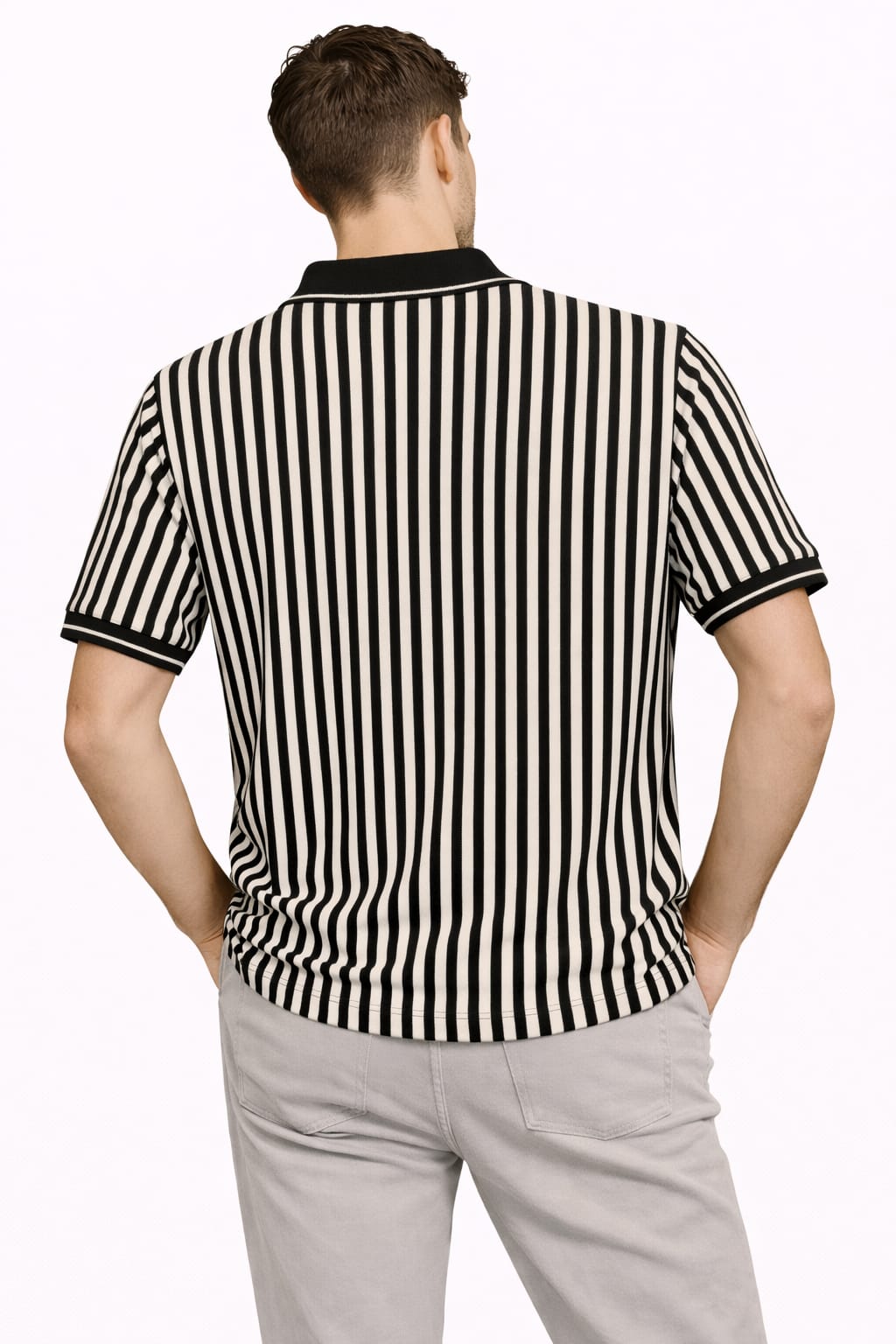 Classic Black & Cream Vertical Stripe Matty Polo T-Shirt - Image 2