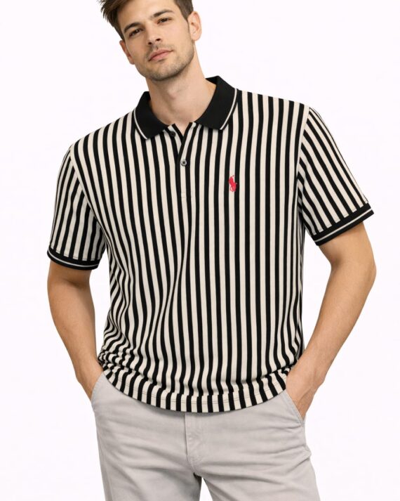 Classic Black & Cream Vertical Stripe Matty Polo T-Shirt