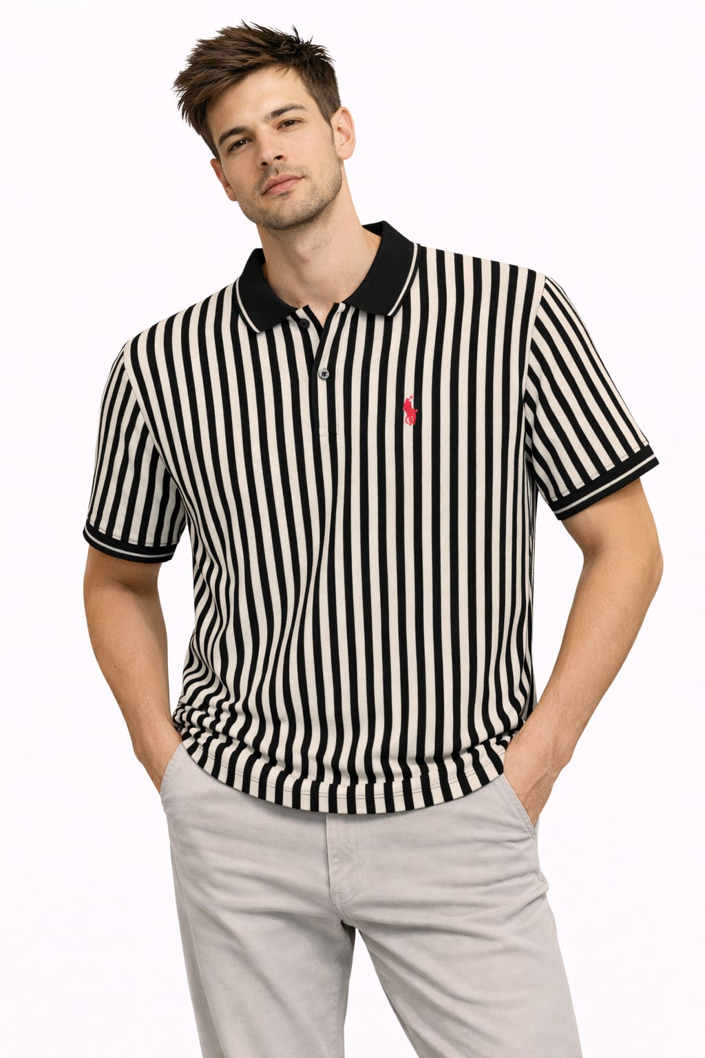 Classic Black & Cream Vertical Stripe Matty Polo T-Shirt