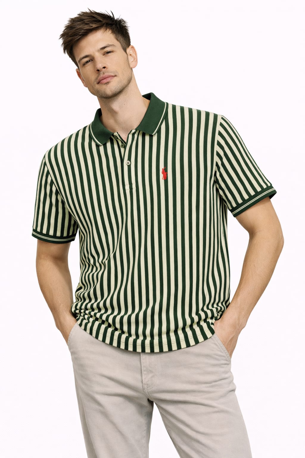 Classic Green & Cream Vertical Stripe Matty Polo