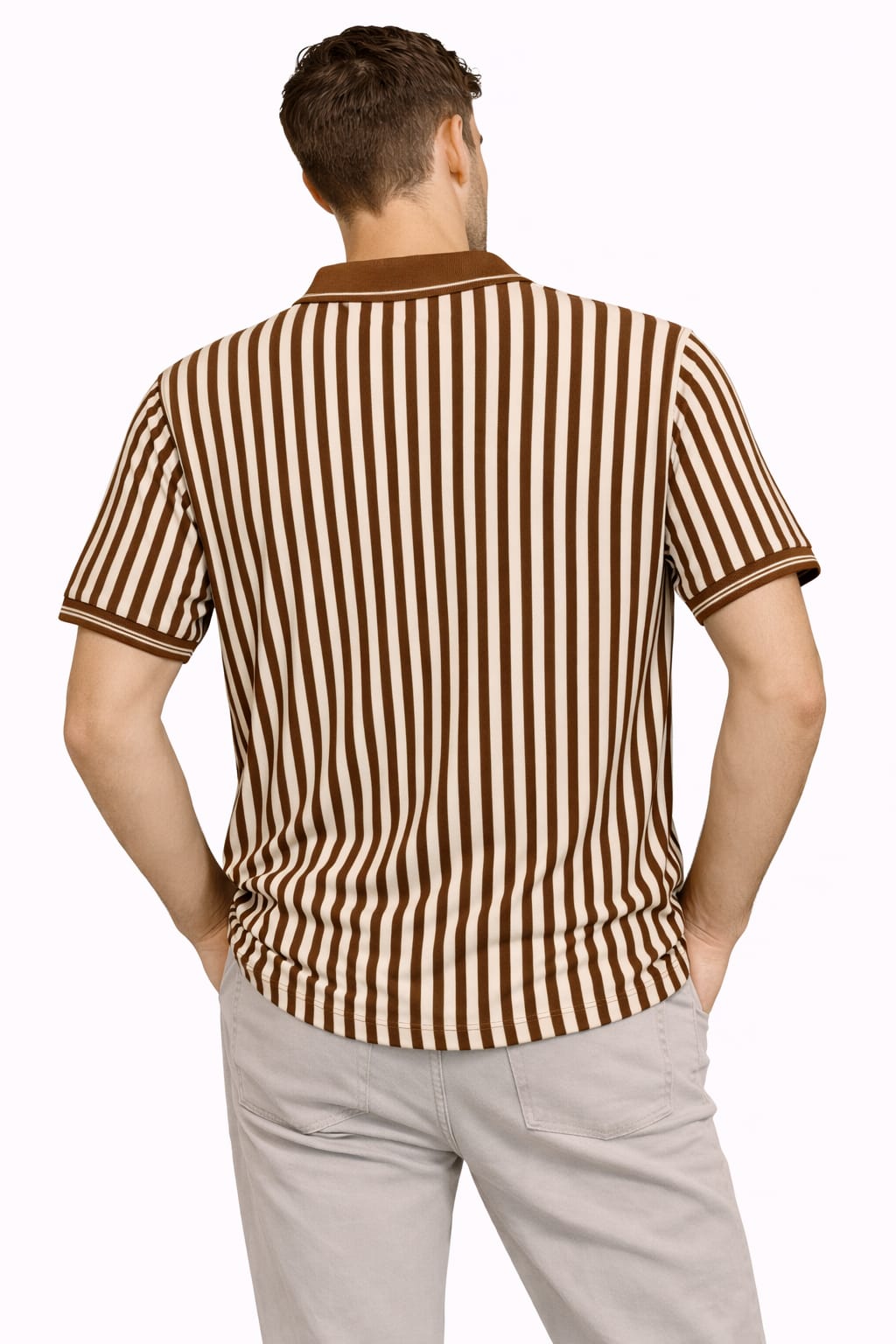 Classic Brown & Cream Vertical Stripe Matty Polo T-Shirt - Image 2