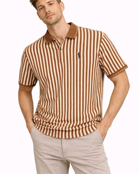Classic Brown & Cream Vertical Stripe Matty Polo T-Shirt