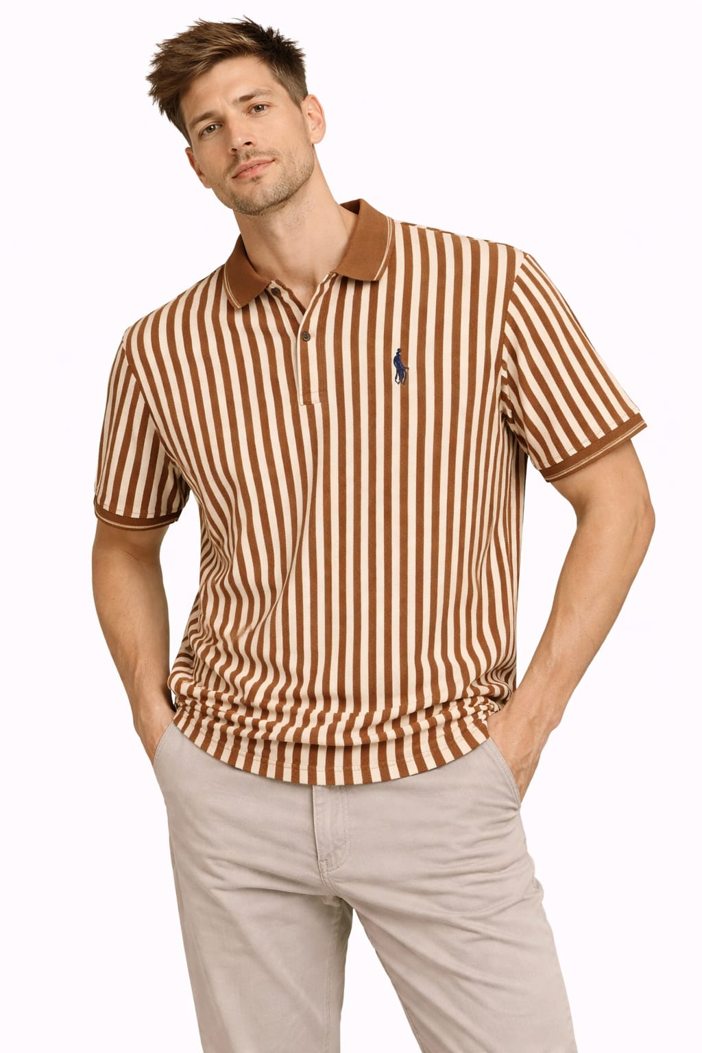 Classic Brown & Cream Vertical Stripe Matty Polo T-Shirt