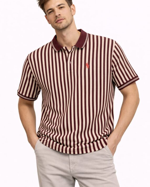 Classic Red Cream Vertical Stripe Matty Polo T-Shirt