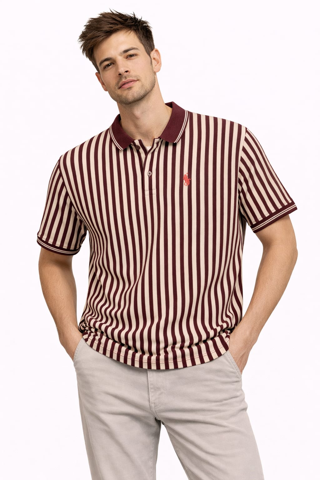Classic Red Cream Vertical Stripe Matty Polo T-Shirt