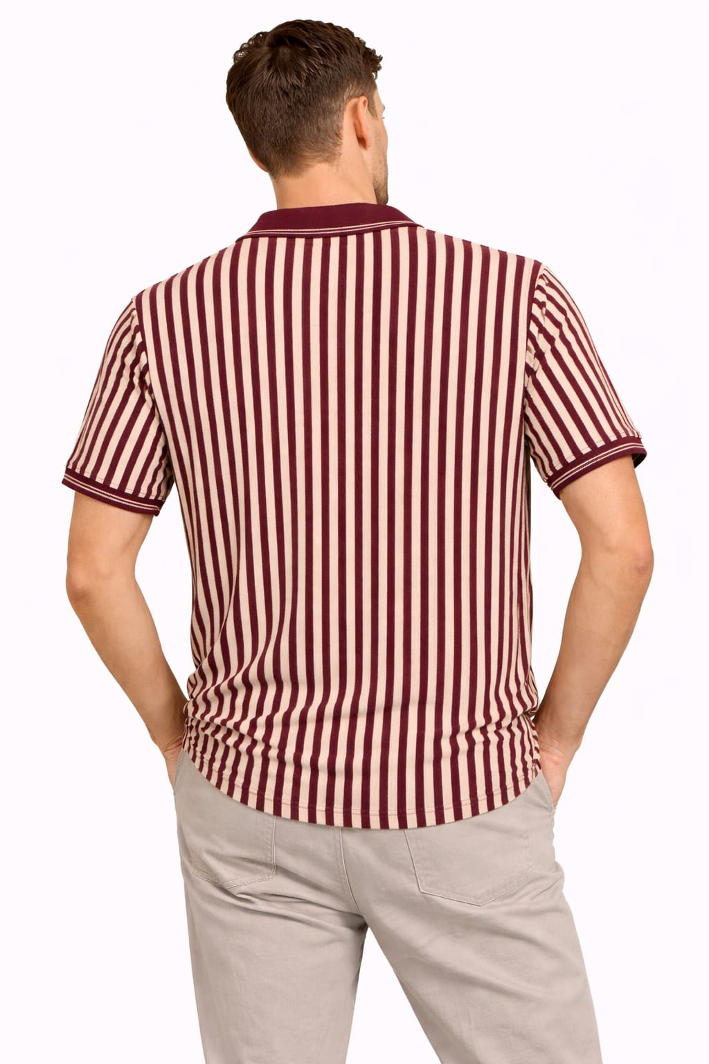 Classic Red Cream Vertical Stripe Matty Polo T-Shirt - Image 2