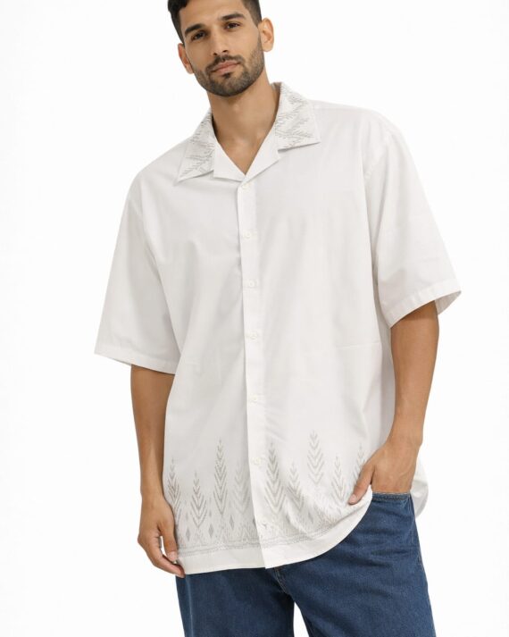 Ivory Leaf Embroidered Oversized Shirt