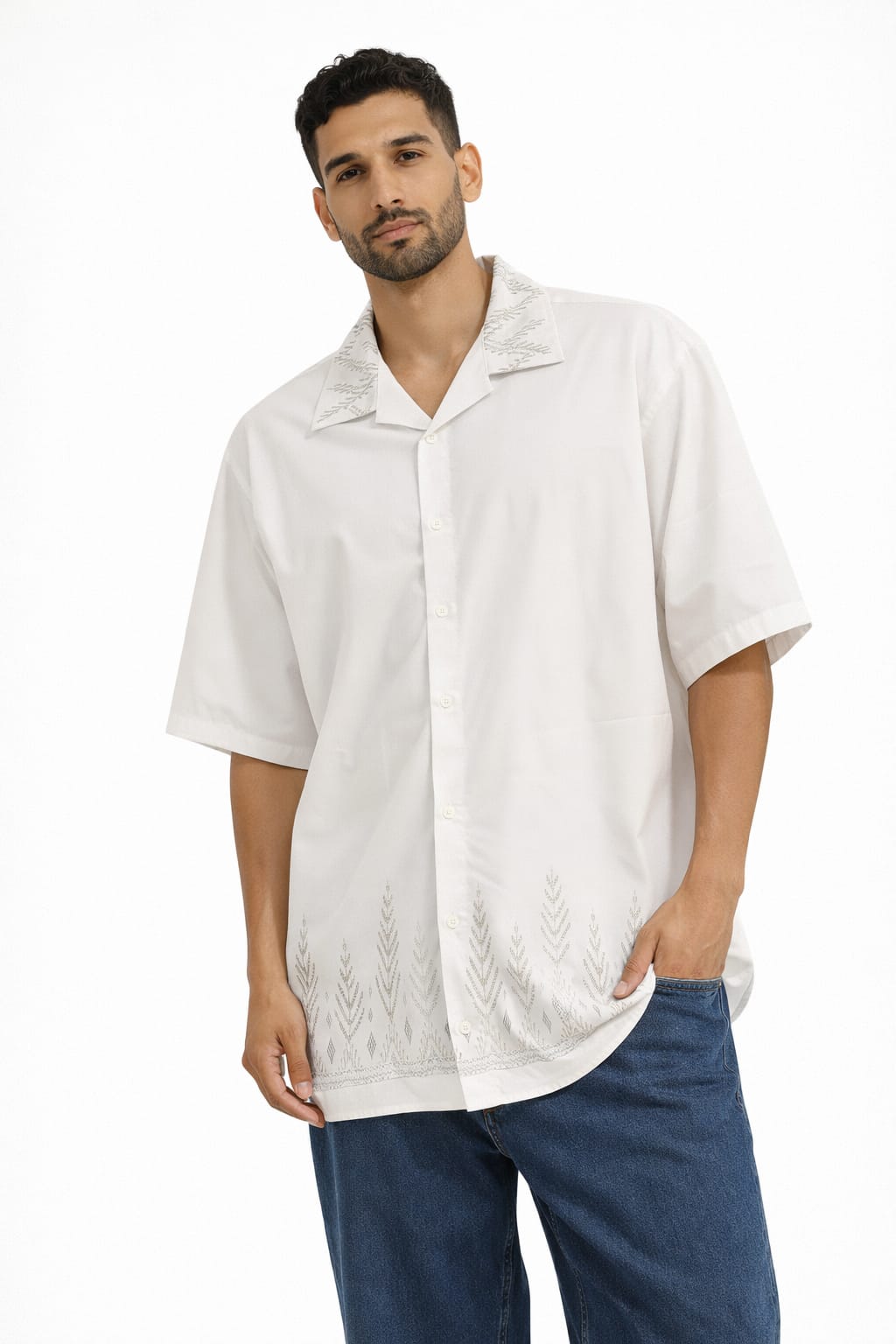 Ivory Leaf Embroidered Oversized Shirt