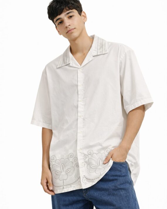 Ivory Floral Embroidered Oversized Shirt