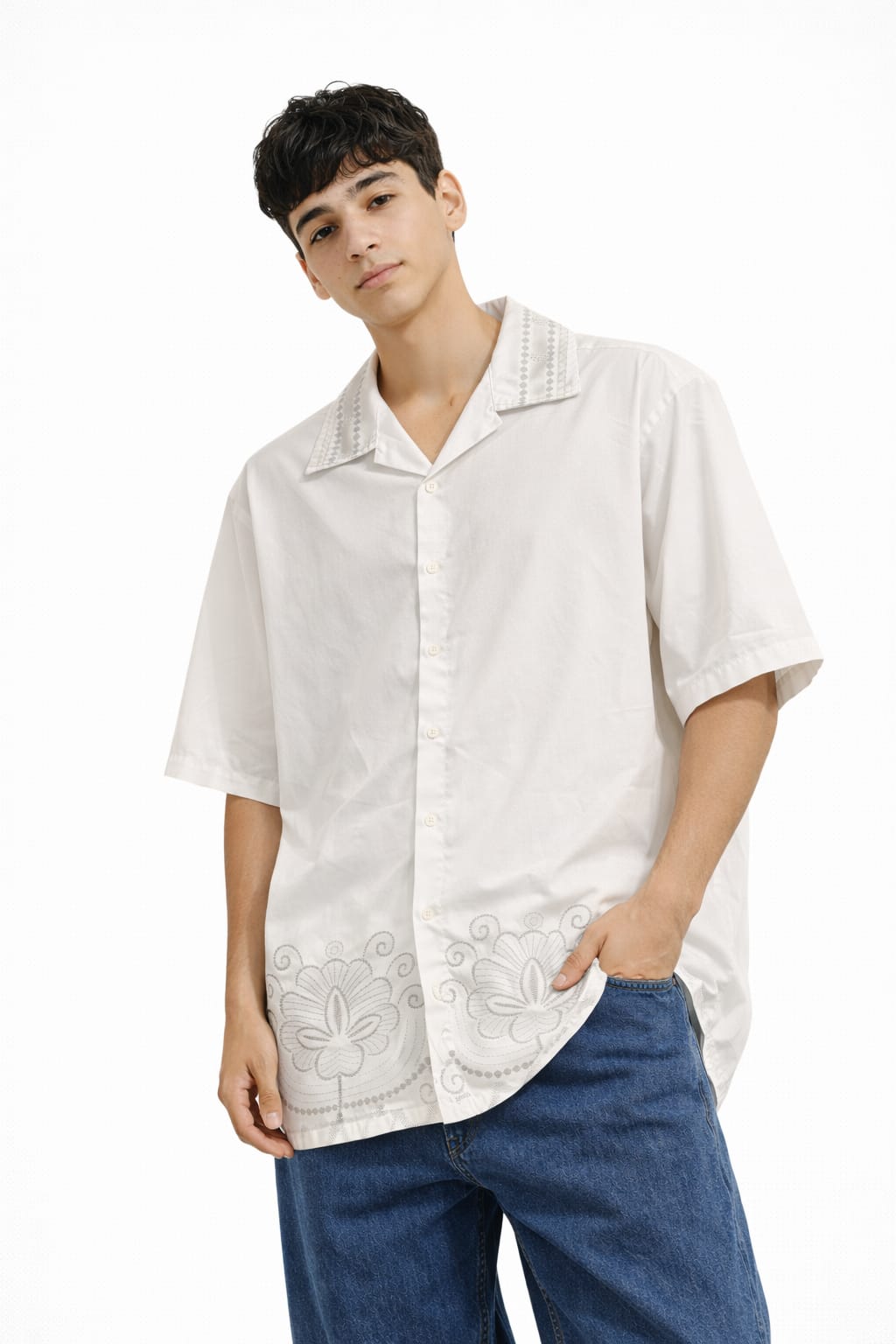 Ivory Floral Embroidered Oversized Shirt