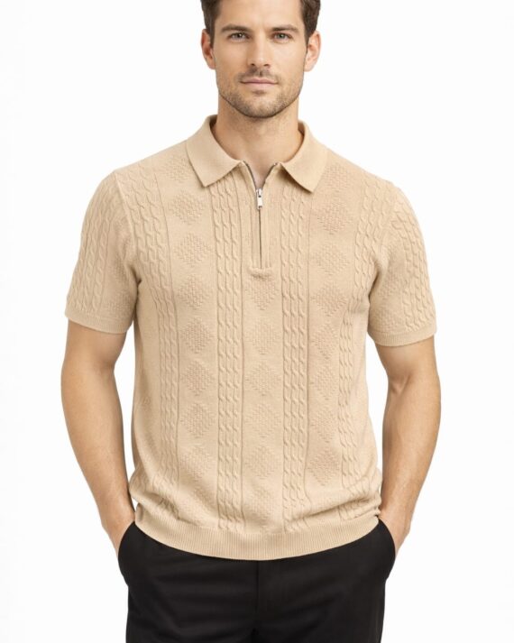 Sand Beige Knit Zip Polo T-Shirt