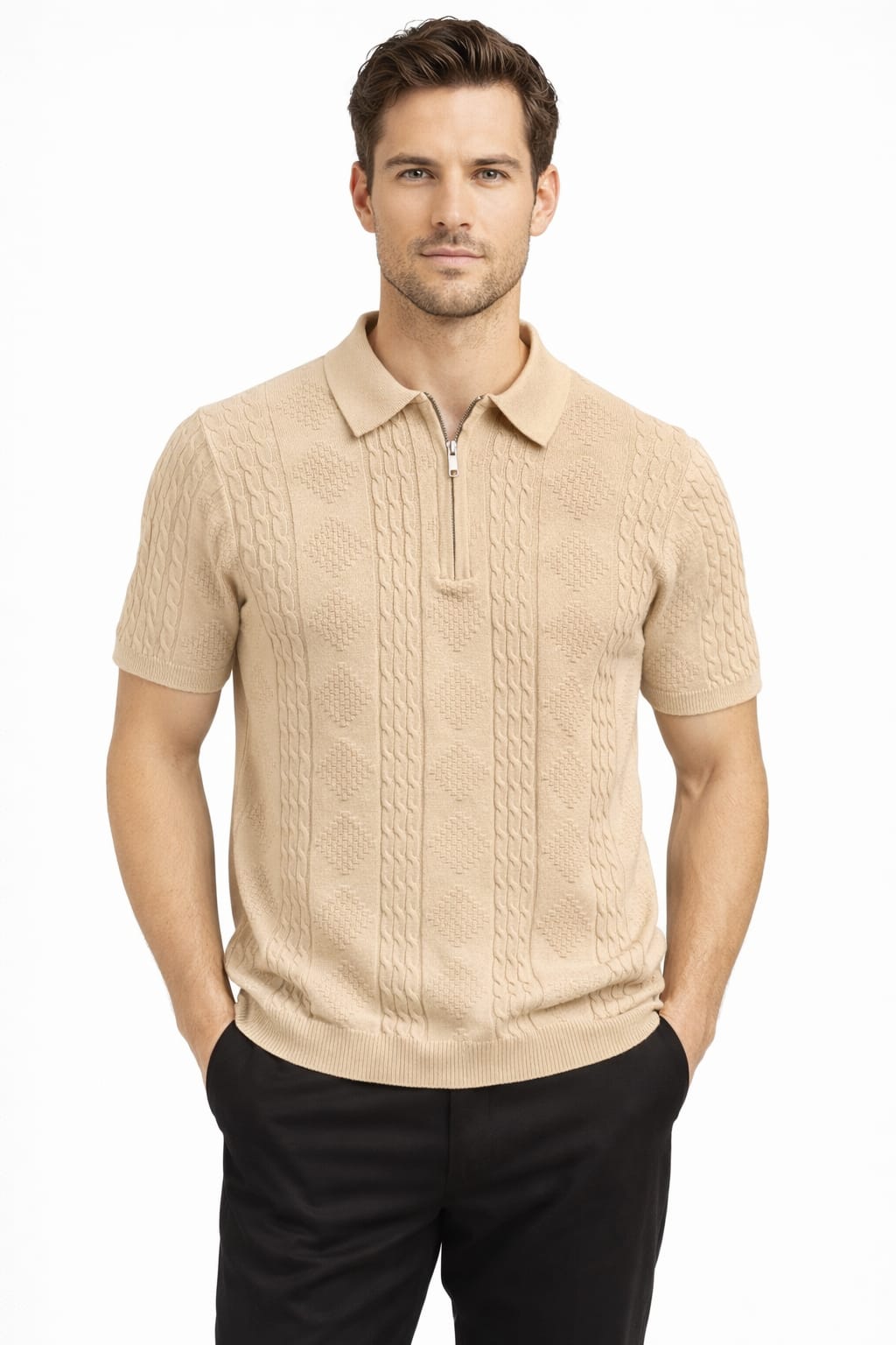 Sand Beige Knit Zip Polo T-Shirt