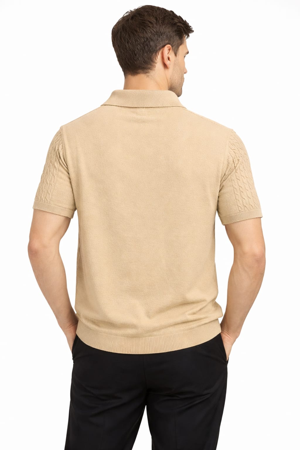 Sand Beige Knit Zip Polo T-Shirt - Image 2
