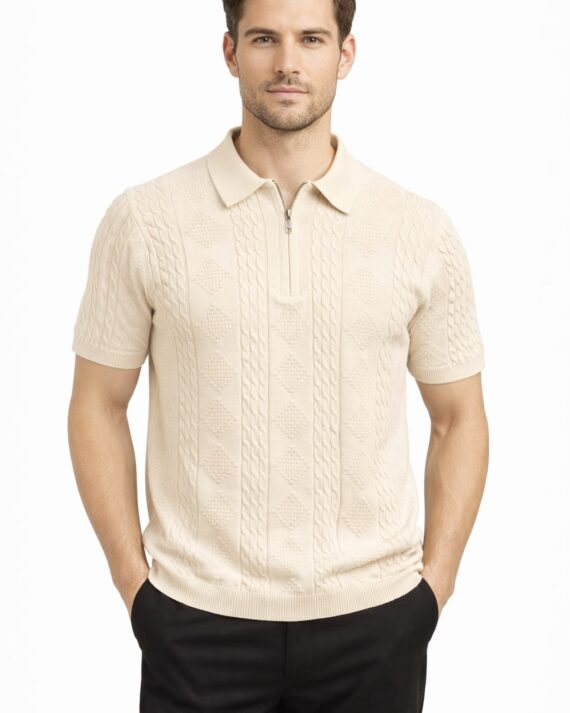 Ivory Knit Zip Polo T-Shirt