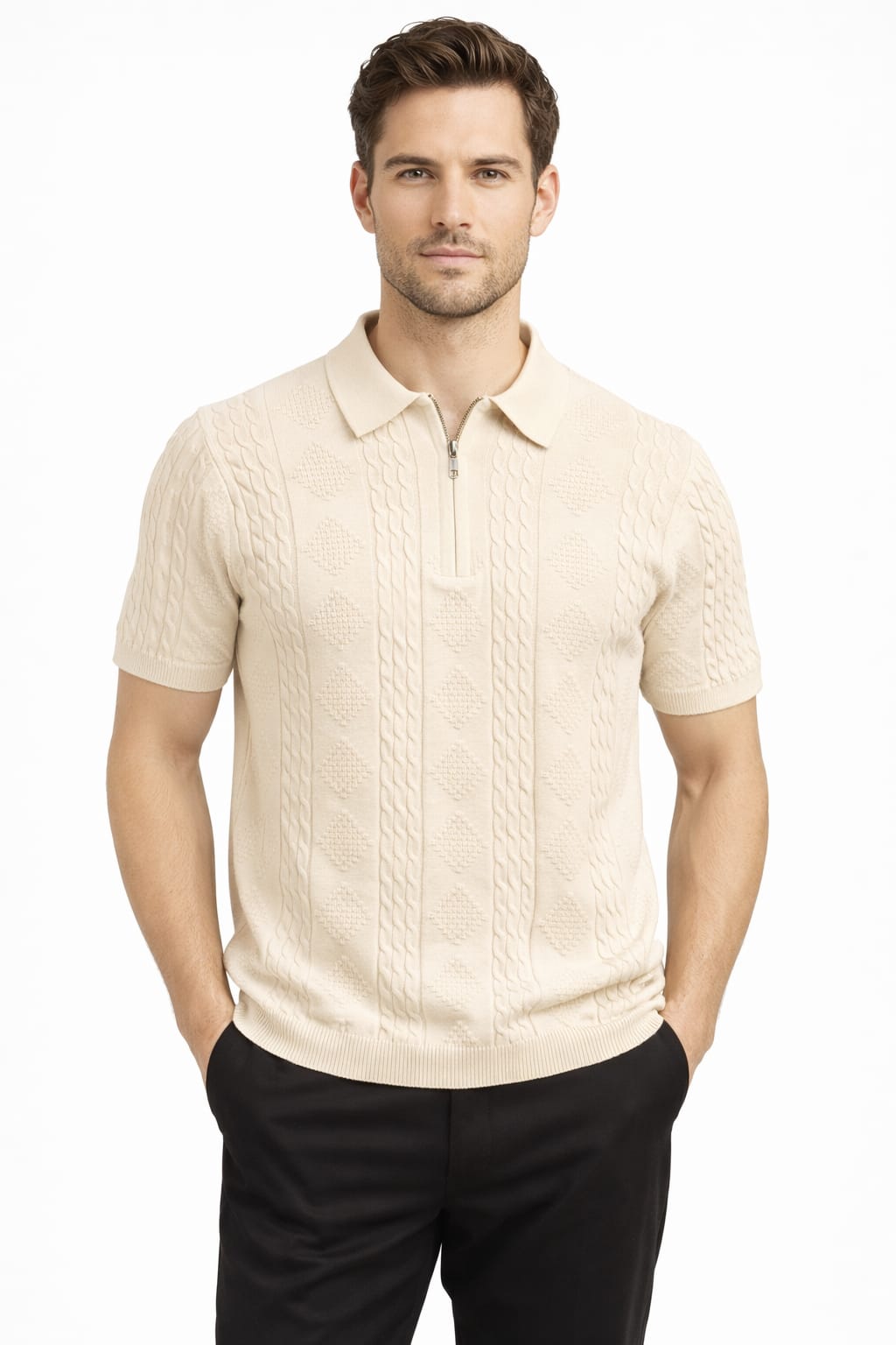Ivory Knit Zip Polo T-Shirt