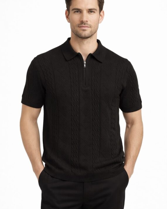 Midnight Black Knit Zip Polo T-Shirt