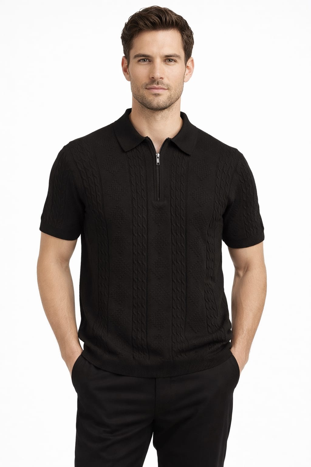 Midnight Black Knit Zip Polo T-Shirt