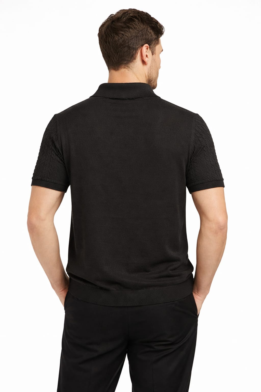 Midnight Black Knit Zip Polo T-Shirt - Image 2