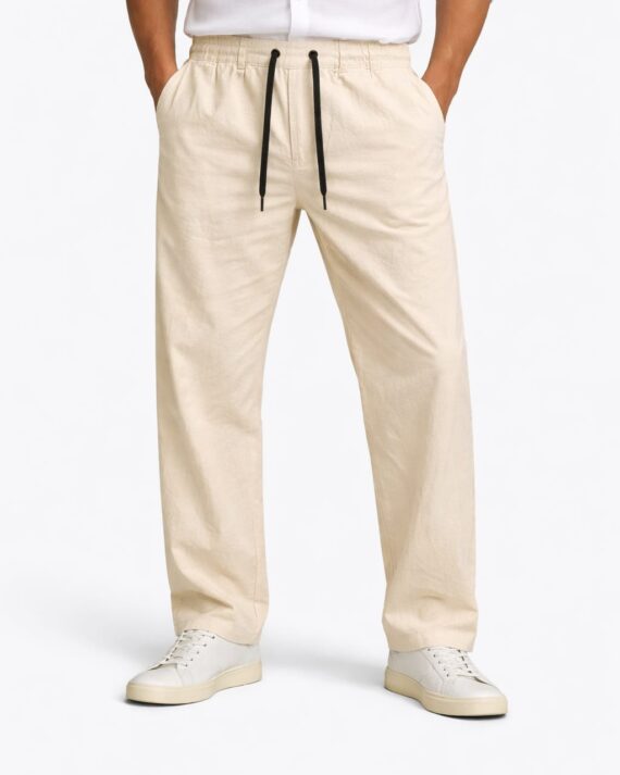 Beige Linen Blend Straight Fit Drawstring Pants