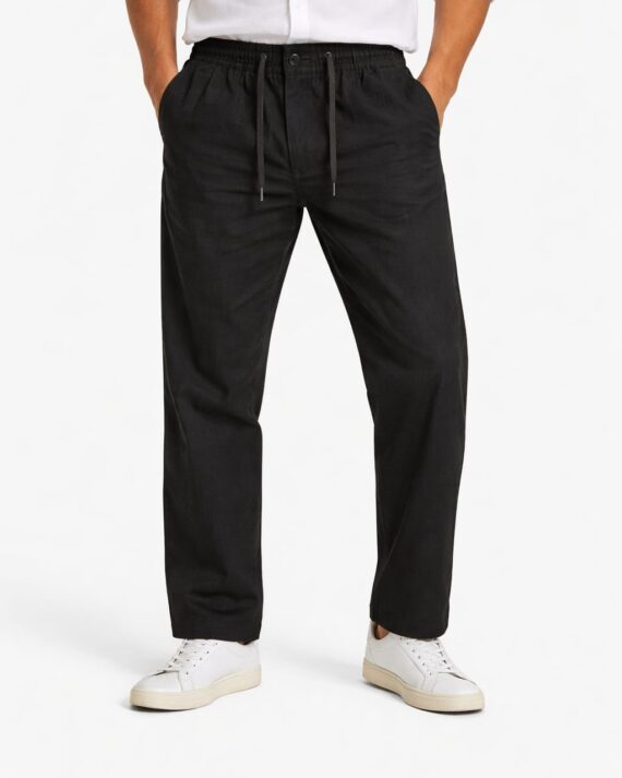Black Linen Blend Straight Fit Drawstring Pants