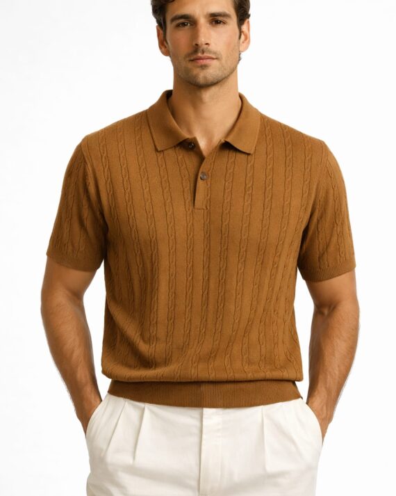 Rust Brown Cable-Knit Polo T-Shirt – Vintage Old Money Edition