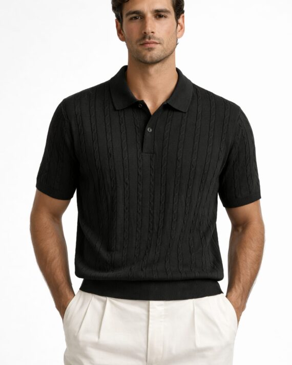 Black Cable-Knit Polo T-Shirt – Classic Old Money Edition