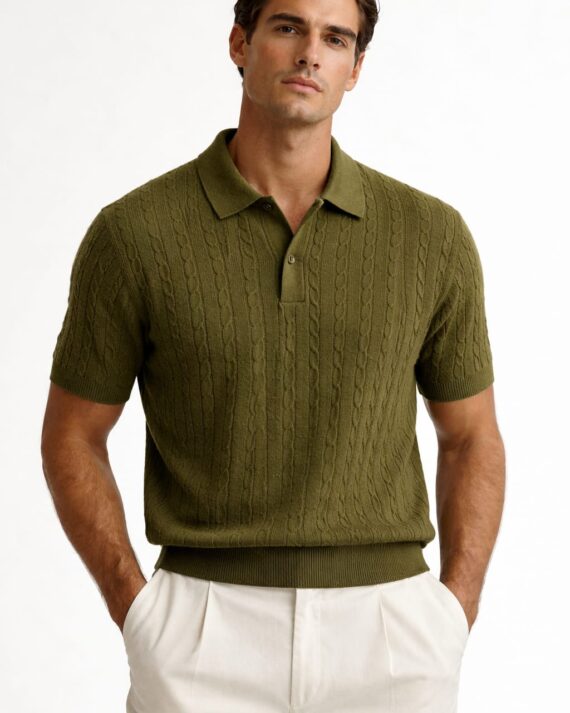 Olive Green Cable-Knit Polo T-Shirt – Heritage Old Money Edition