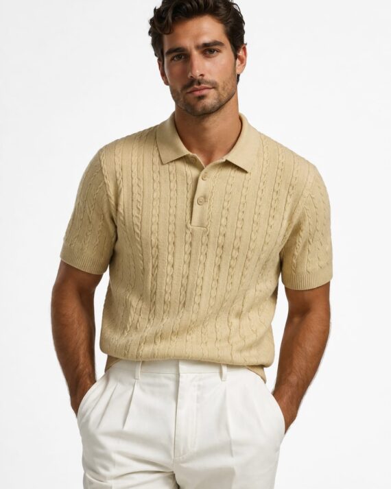 Beige Cable-Knit Polo T-Shirt – Old Money Edition