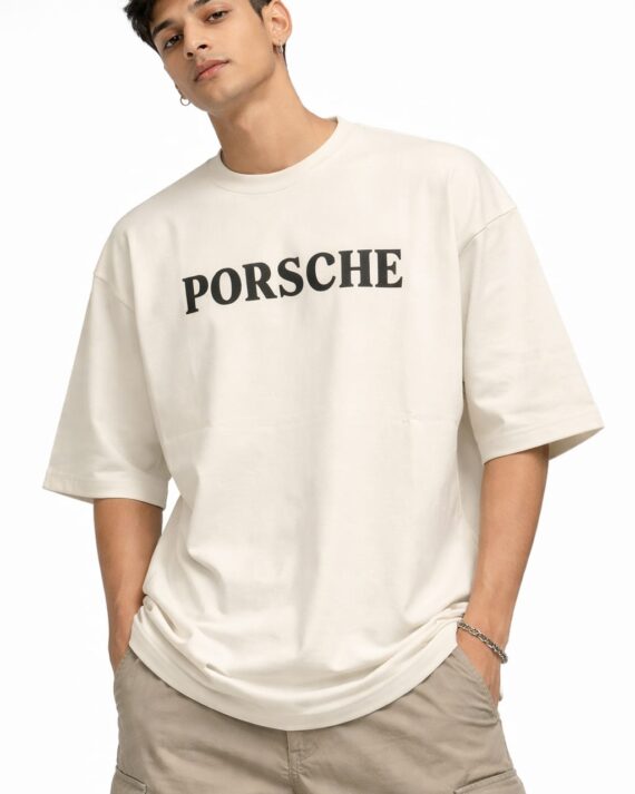Men’s Minimal Logo Oversized Beige T-Shirt