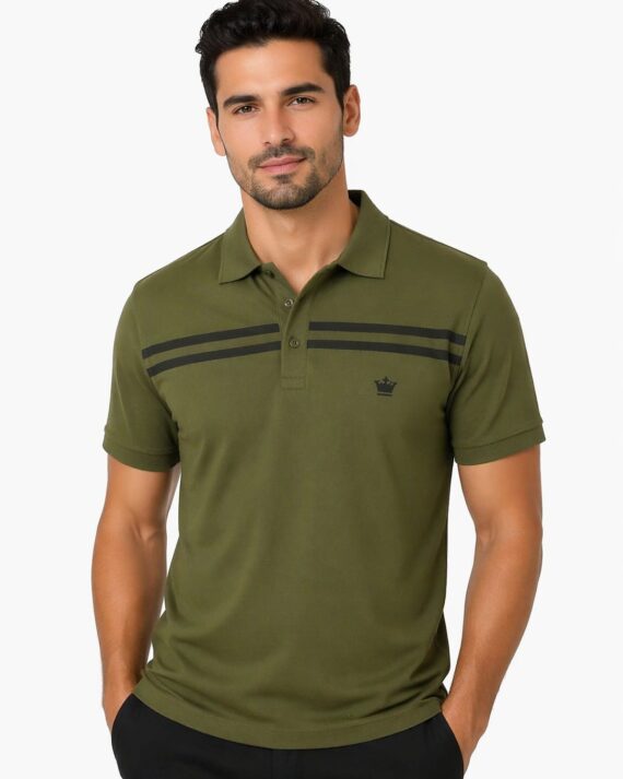Men’s Classic Olive Green Striped Polo T-Shirt