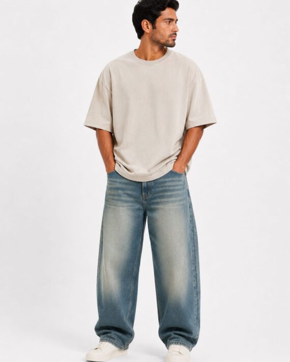 Men’s Blue Wash Barrel Fit Denim Jeans