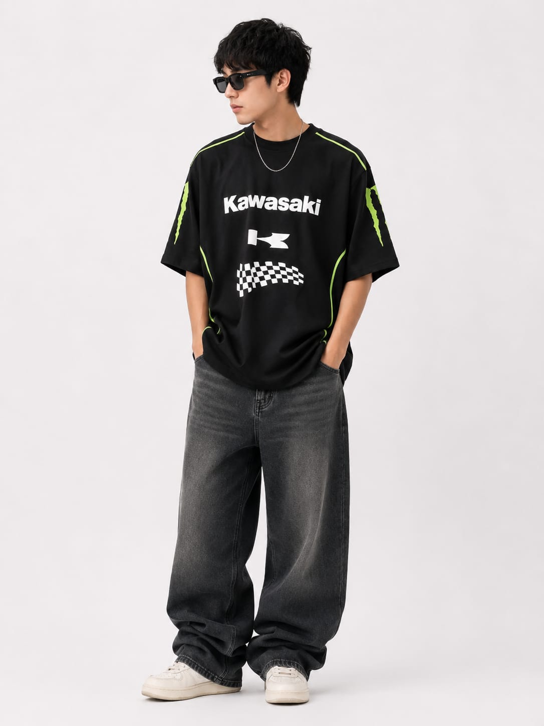 Men's Oversized Racing Graphic Print T-Shirt – Black