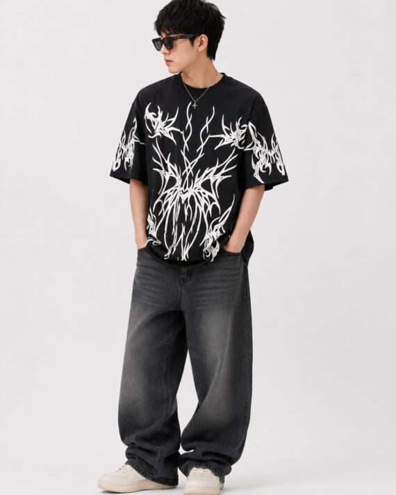Men's Oversized Tribal Graphic Print T-Shirt – Black