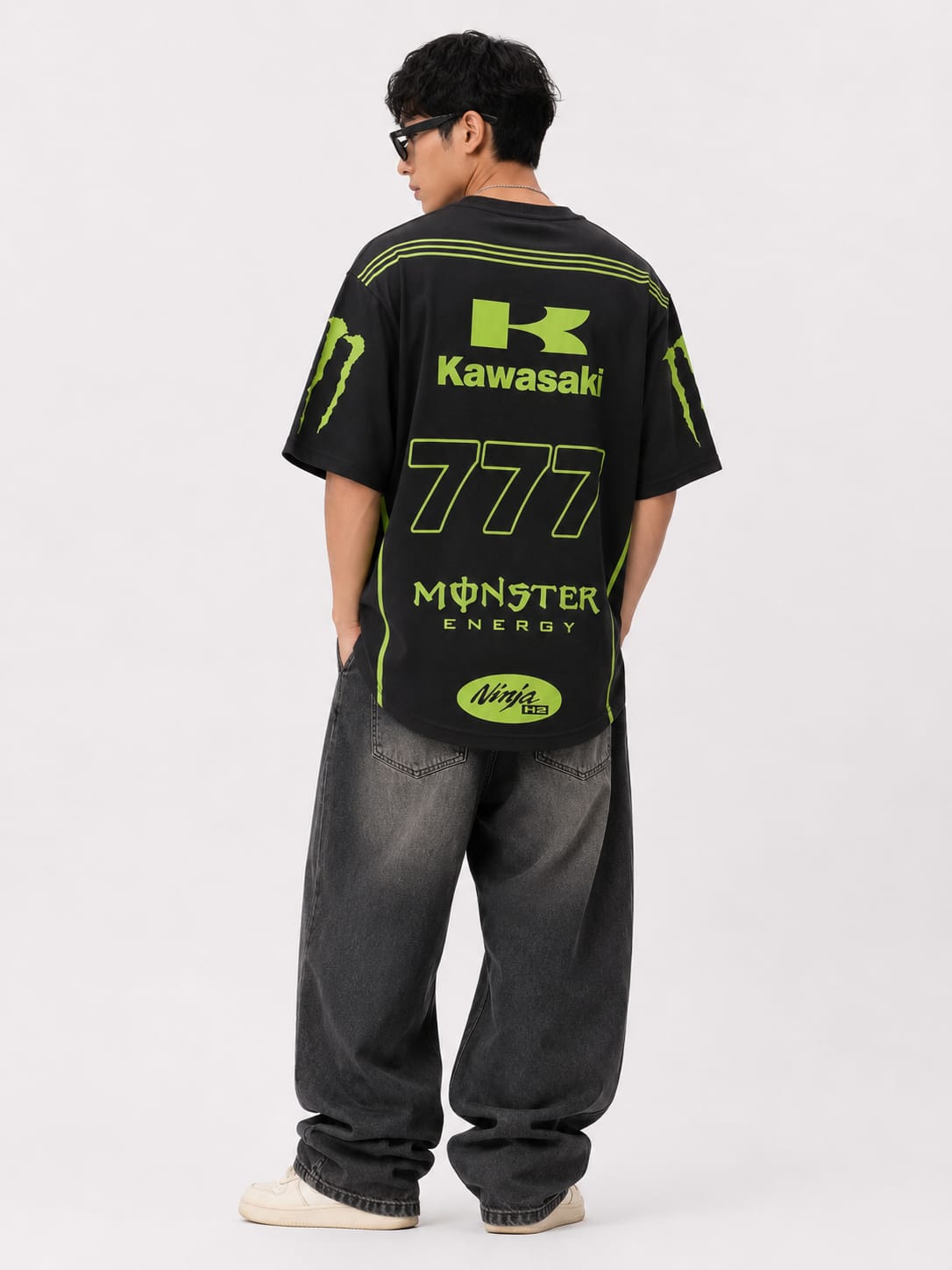 Men's Oversized Racing Graphic Print T-Shirt – Black - Image 2