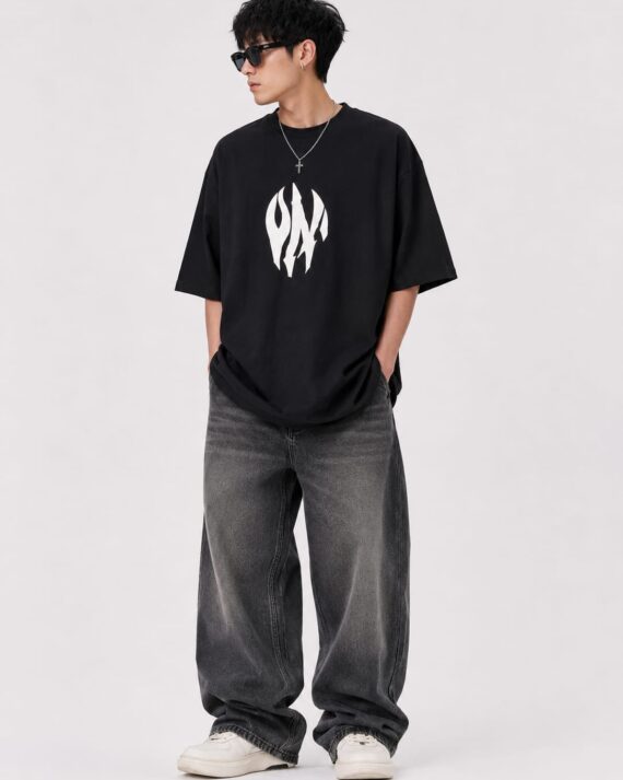 Men's Oversized Minimal Flame Logo Graphic T-Shirt – Black