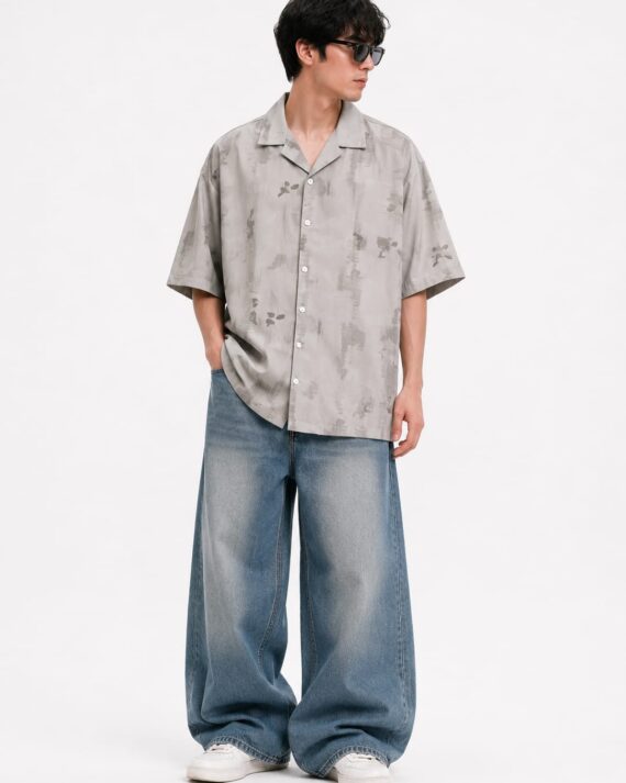 Men’s Minimal Abstract Print Oversized Resort Shirt – Grey