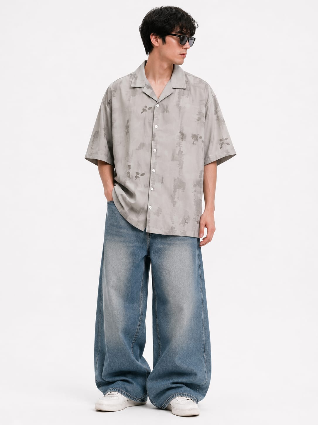 Men’s Minimal Abstract Print Oversized Resort Shirt – Grey