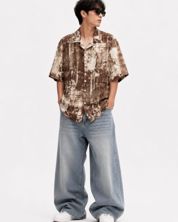 Men’s Brown Abstract Wash Resort Collar Oversized Shirt