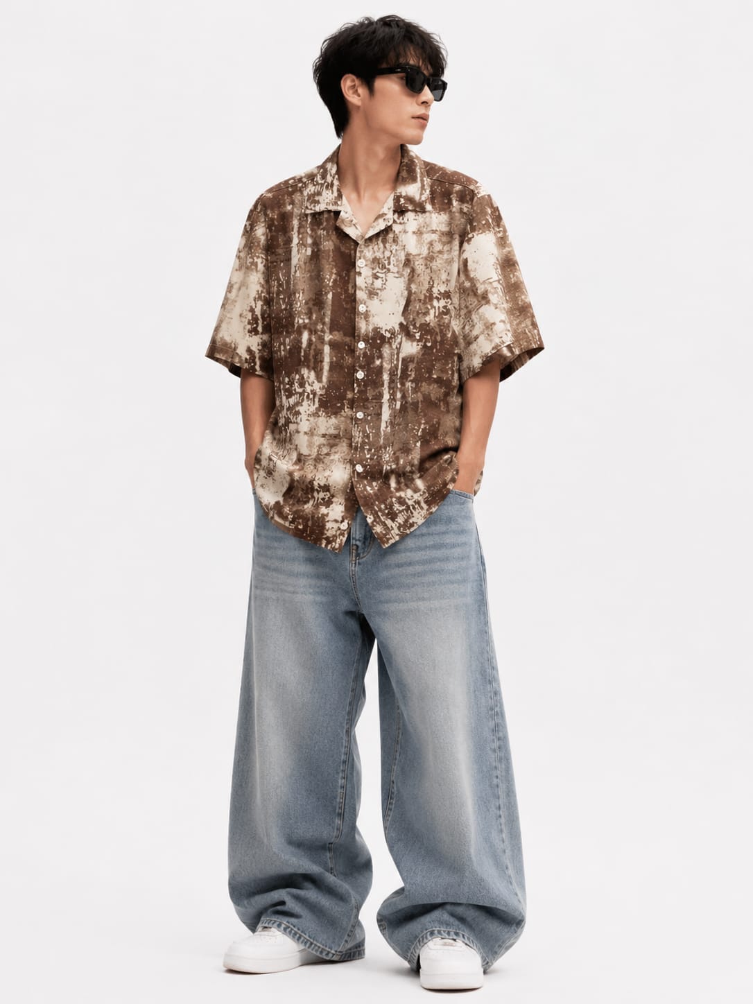 Men’s Brown Abstract Wash Resort Collar Oversized Shirt