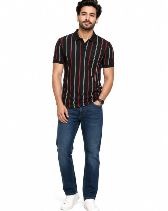 Men's Black Vertical Stripe Polo T-Shirt