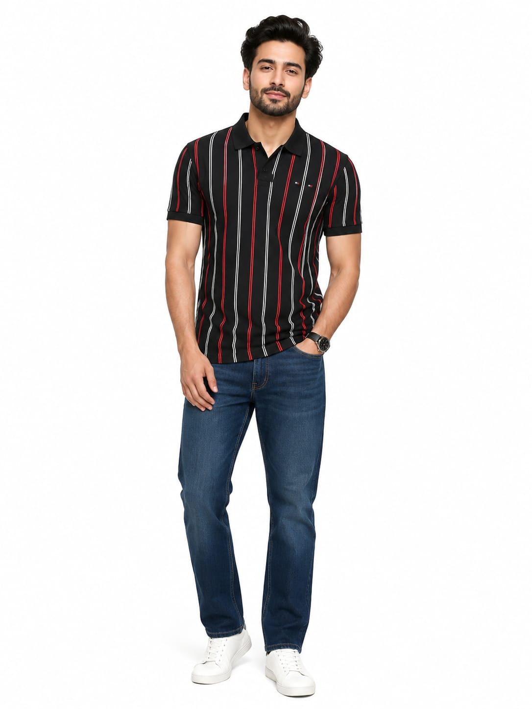 Men's Black Vertical Stripe Polo T-Shirt