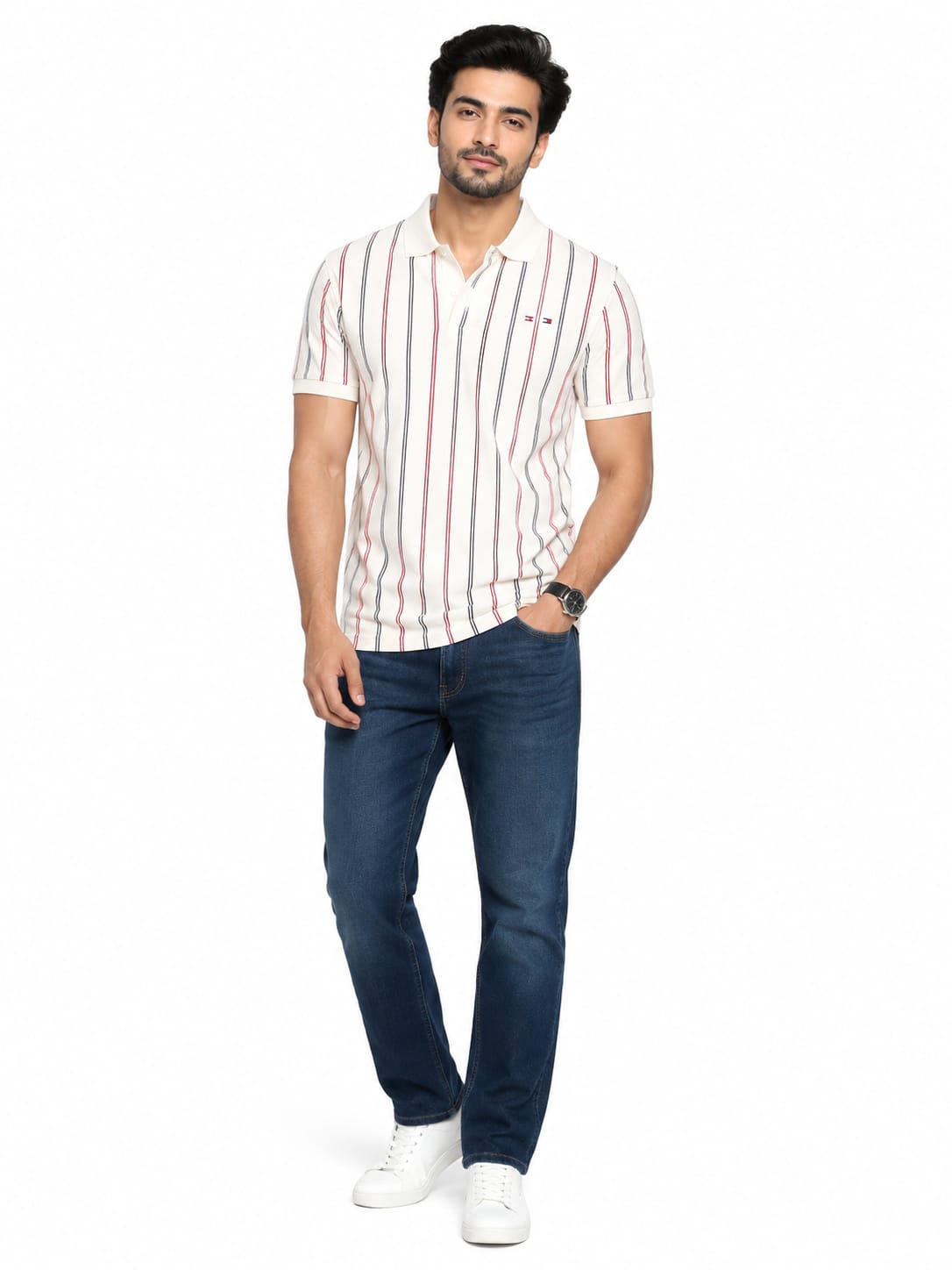 Men's Ivory Vertical Stripe Polo T-Shirt