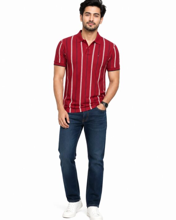 Men's Burgundy Vertical Stripe Polo T-Shirt