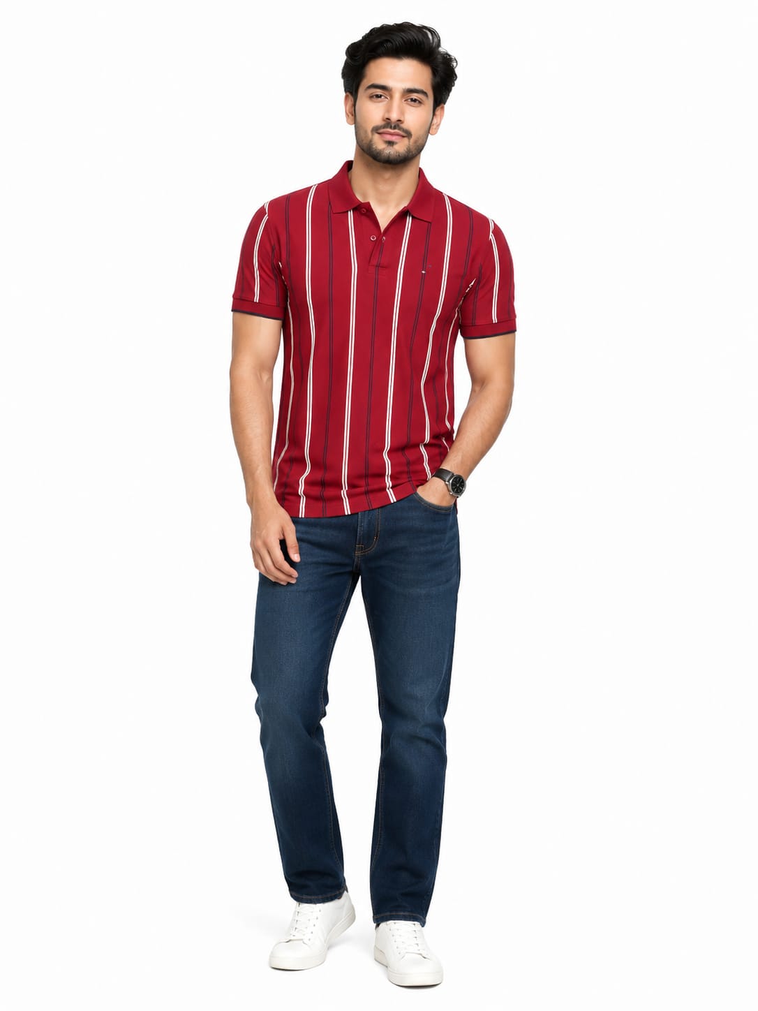 Men's Burgundy Vertical Stripe Polo T-Shirt