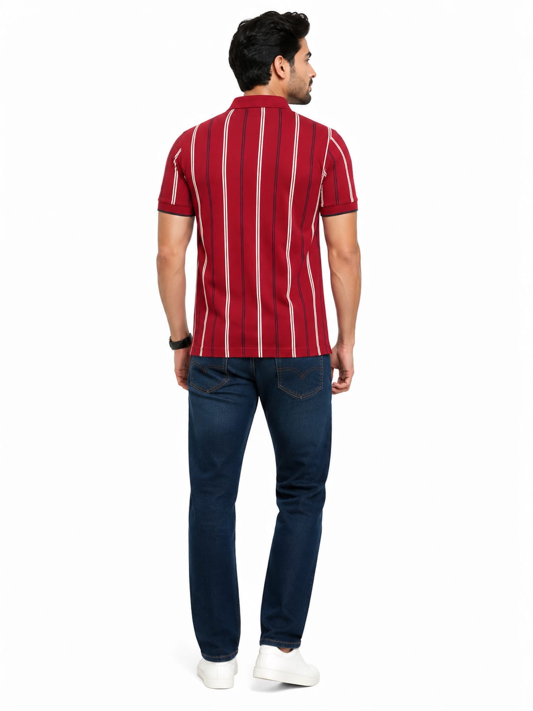 Men's Burgundy Vertical Stripe Polo T-Shirt - Image 2