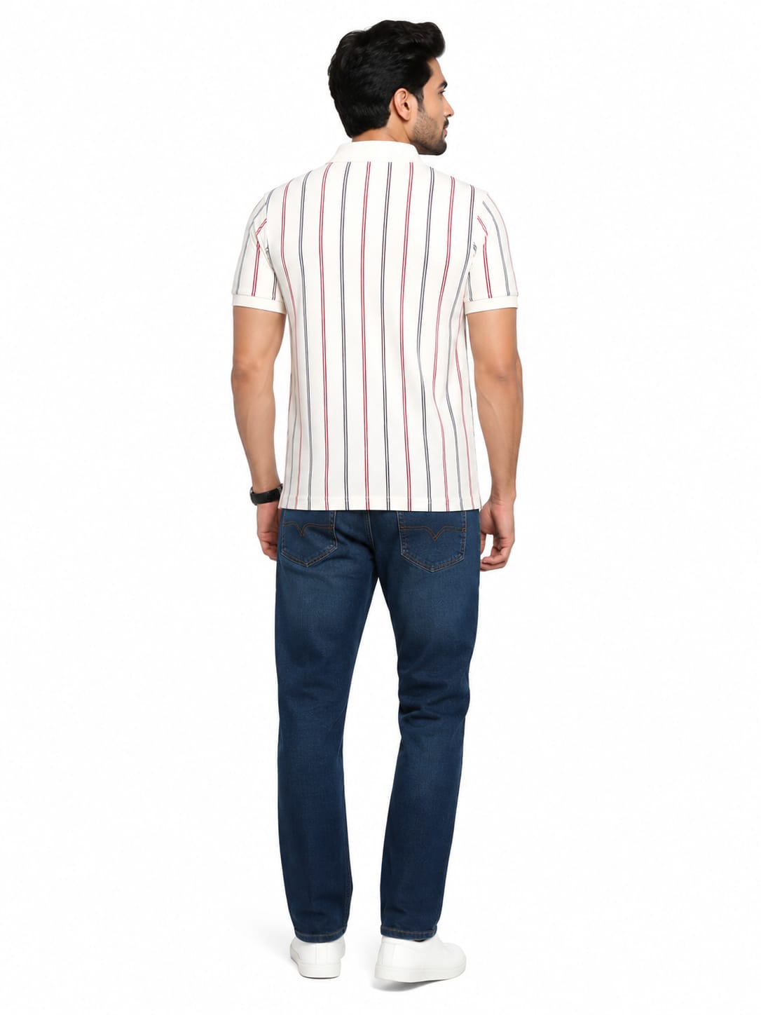 Men's Ivory Vertical Stripe Polo T-Shirt - Image 2