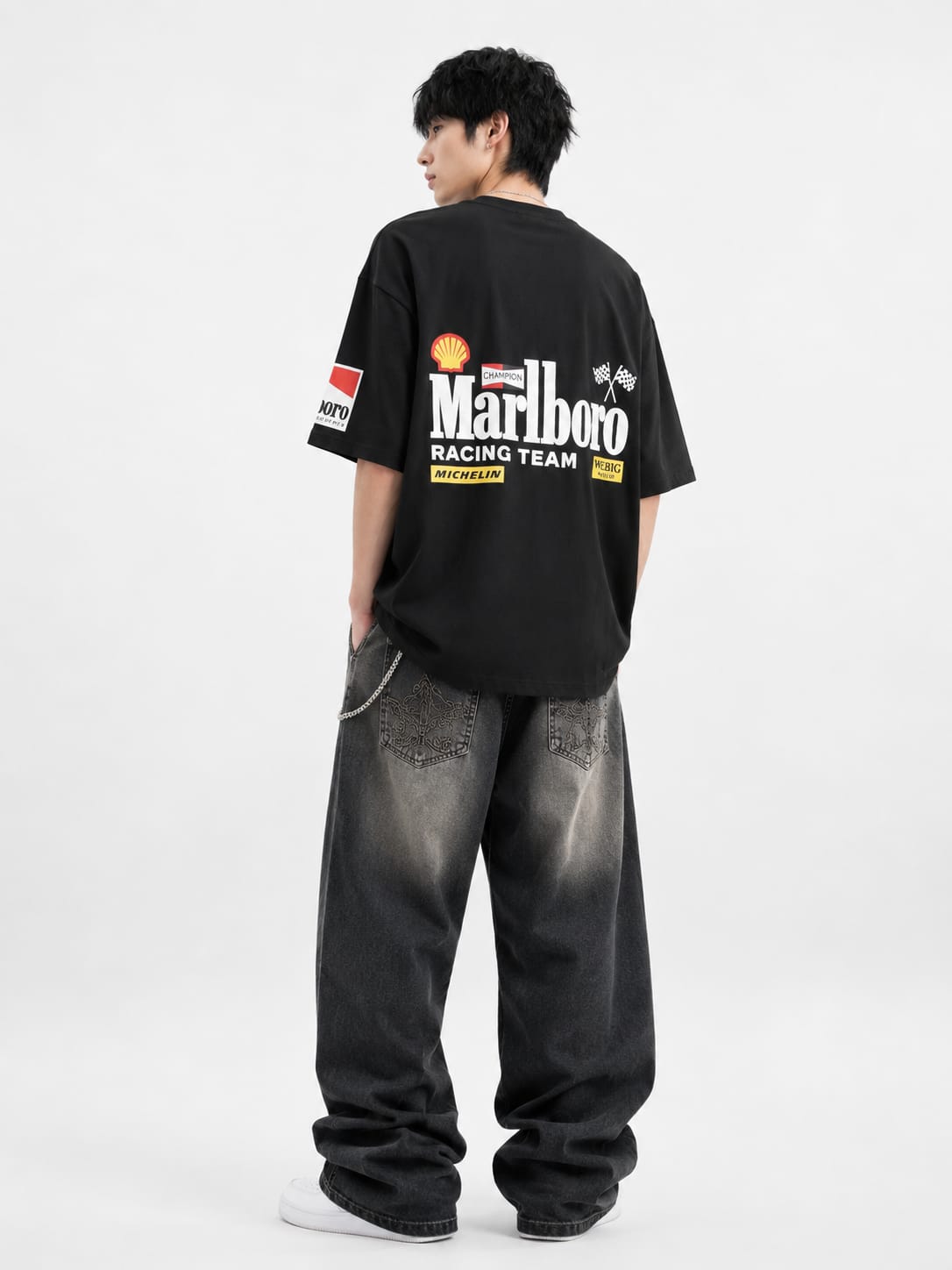 Men's Black Racing Graphic Oversized T-Shirt - Image 2
