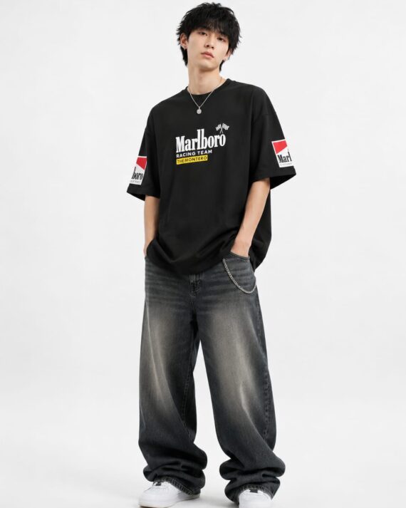 Men's Black Racing Graphic Oversized T-Shirt