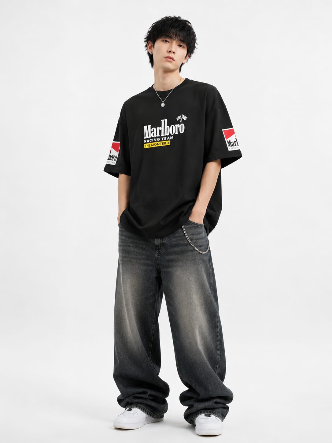 Men's Black Racing Graphic Oversized T-Shirt